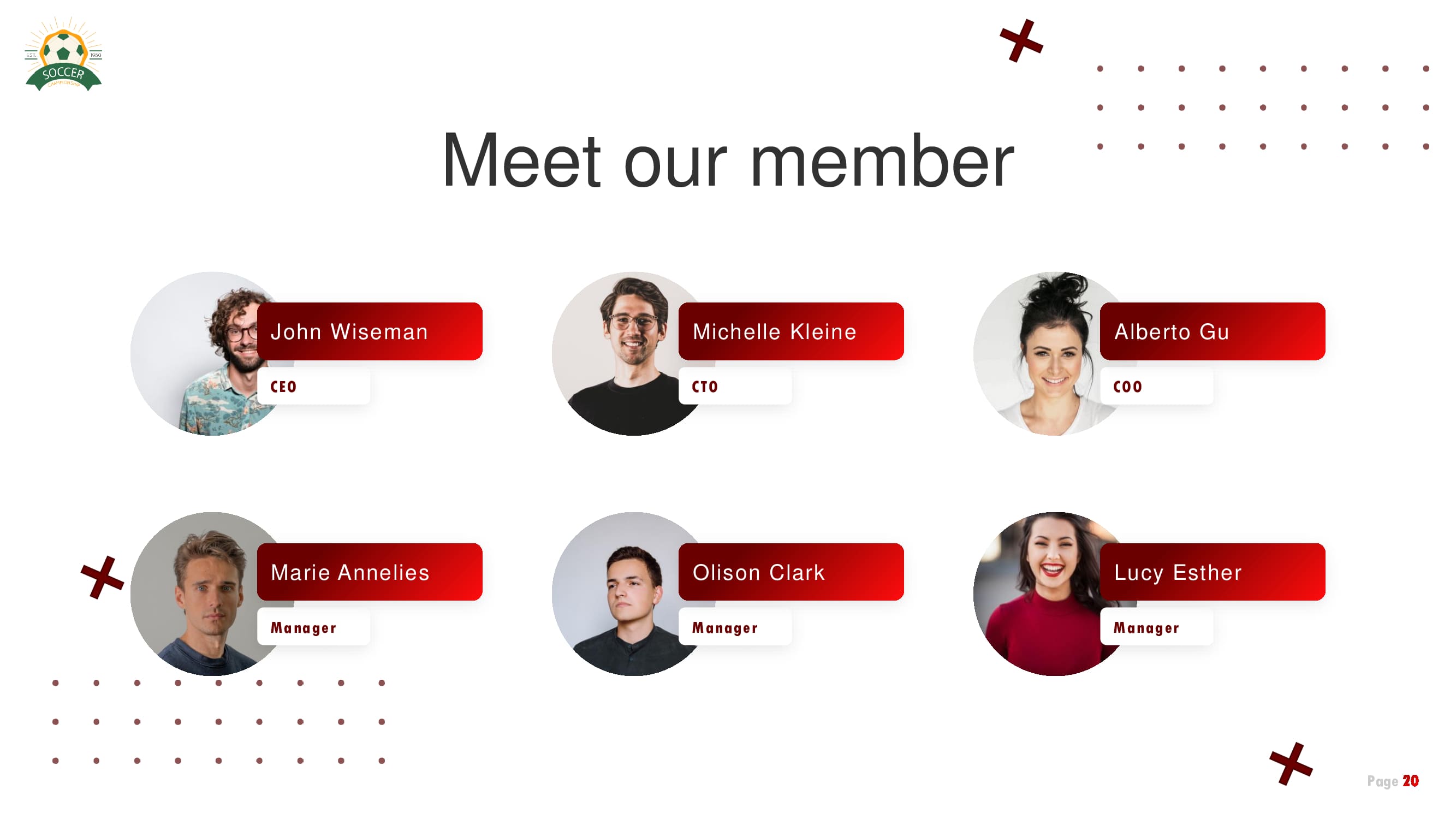 A slide for your team with red elements of their names and photos.