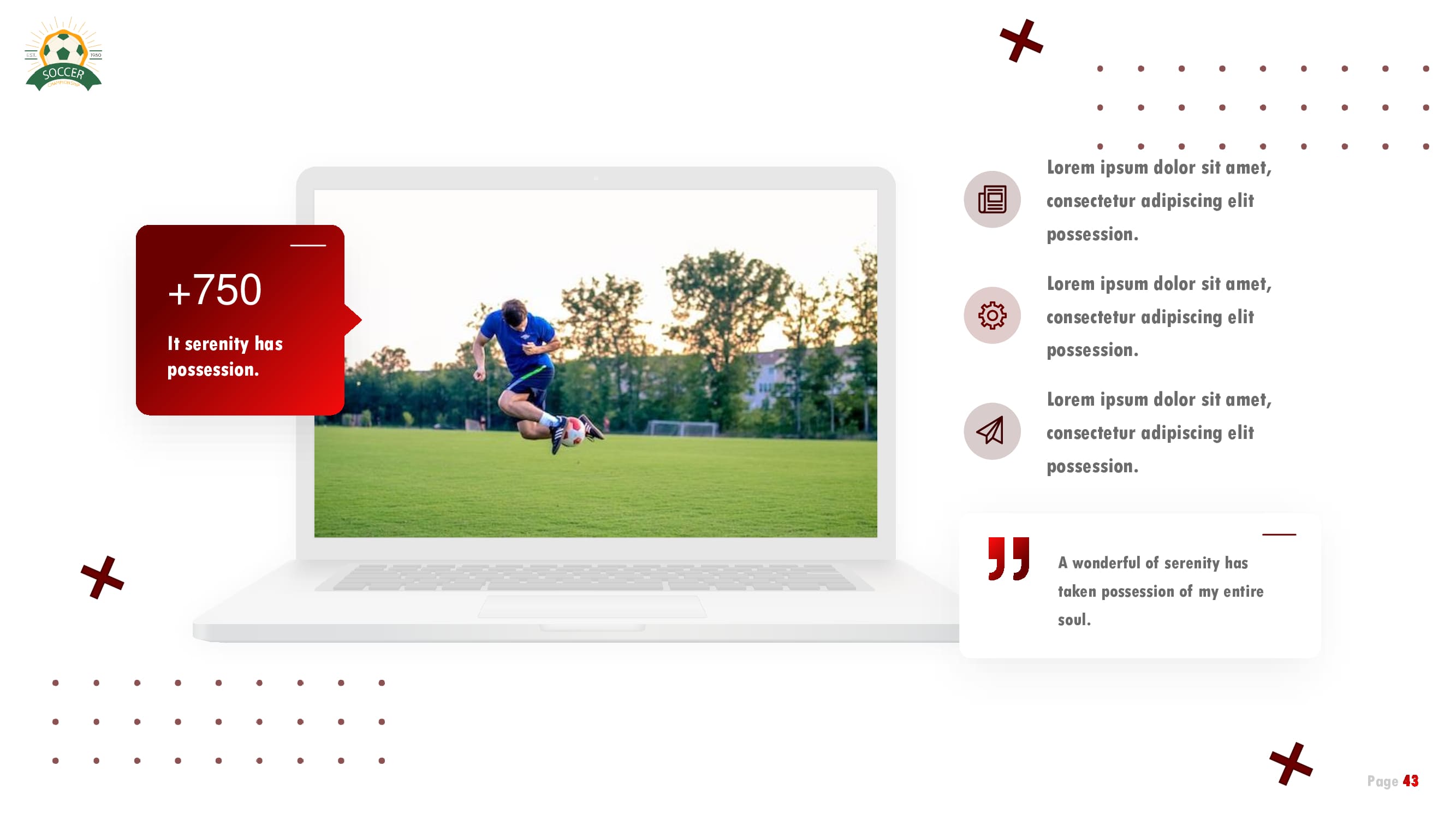 A slide with mockup of macbook and soccer image.