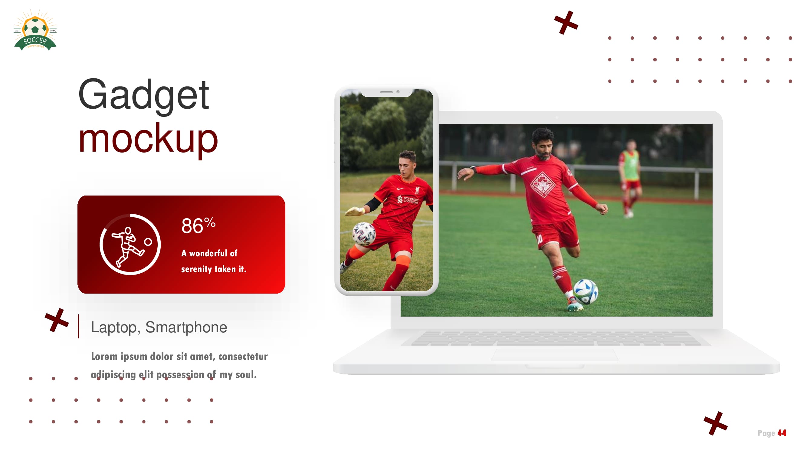 Beautiful slide for gadget mockup - laptop, smartphone with soccer images.