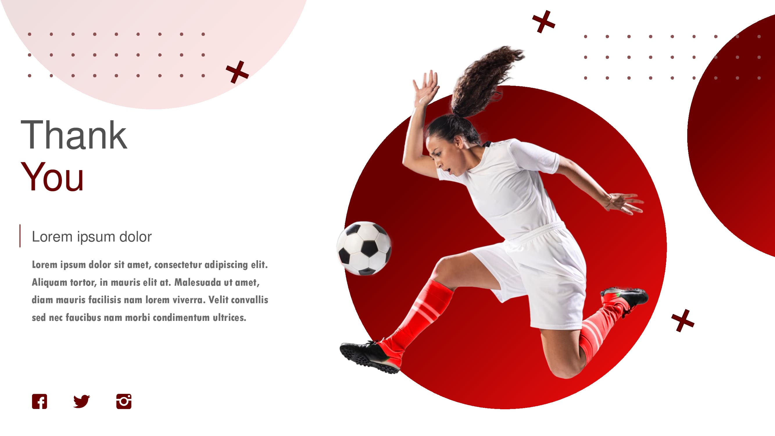 A slide with red lettering "Thank you" and image of a girl with a soccer ball.