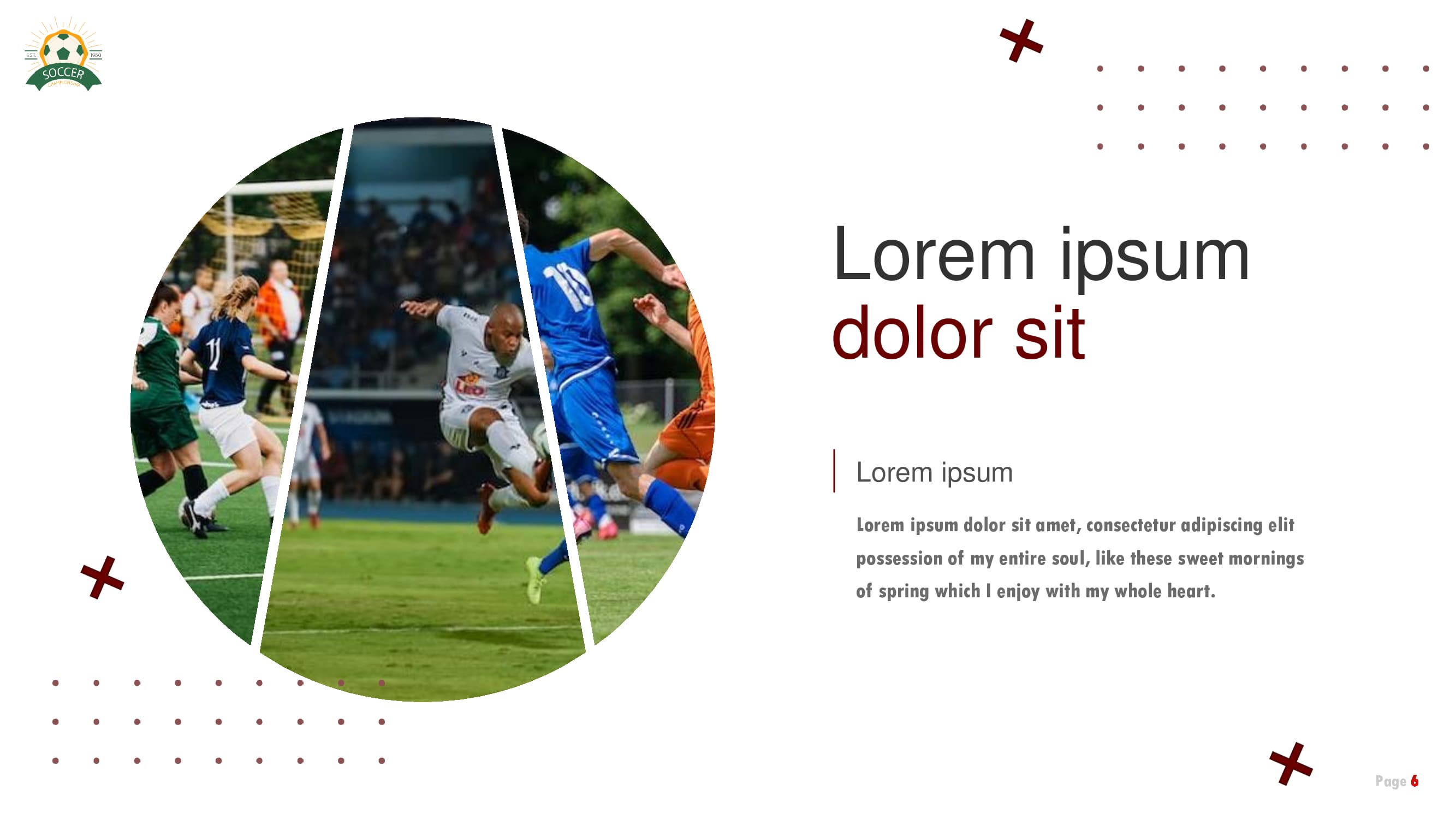 Round element of 3 images with soccer league and text section.