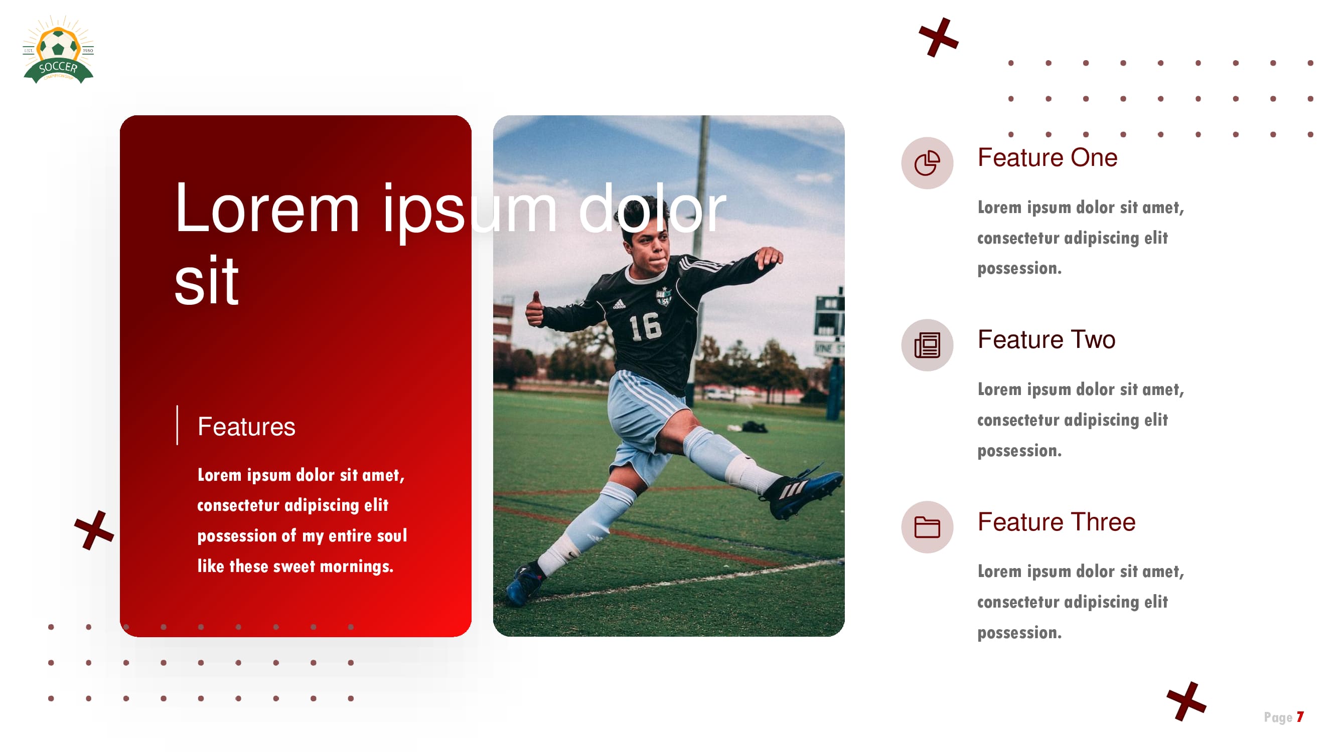 Beautiful slide for 3 features and image of a soccer.