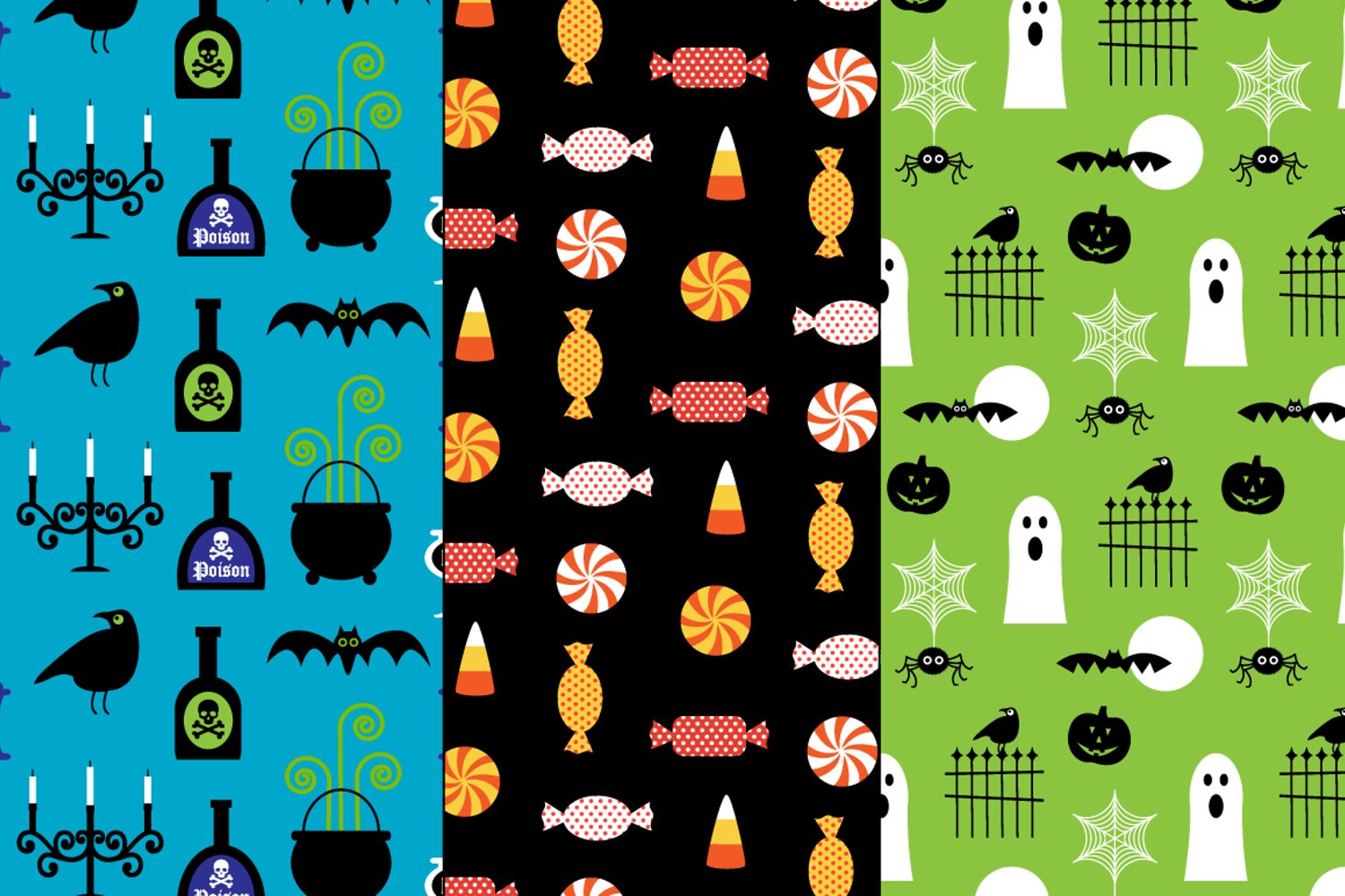 Halloween patterns in blue, black and green color variations.
