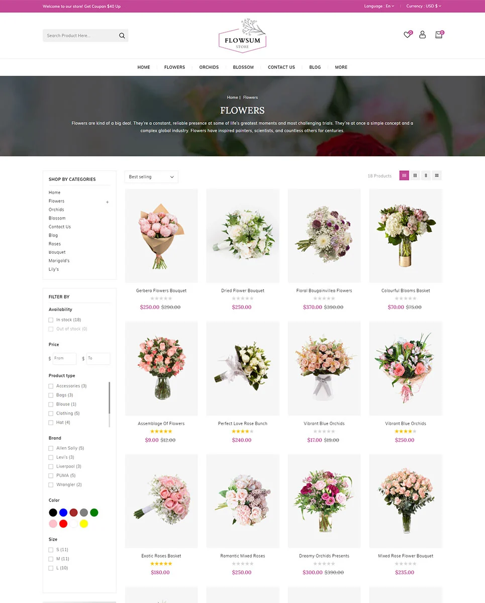 An example of different products for web version flowers store with images of flowers.