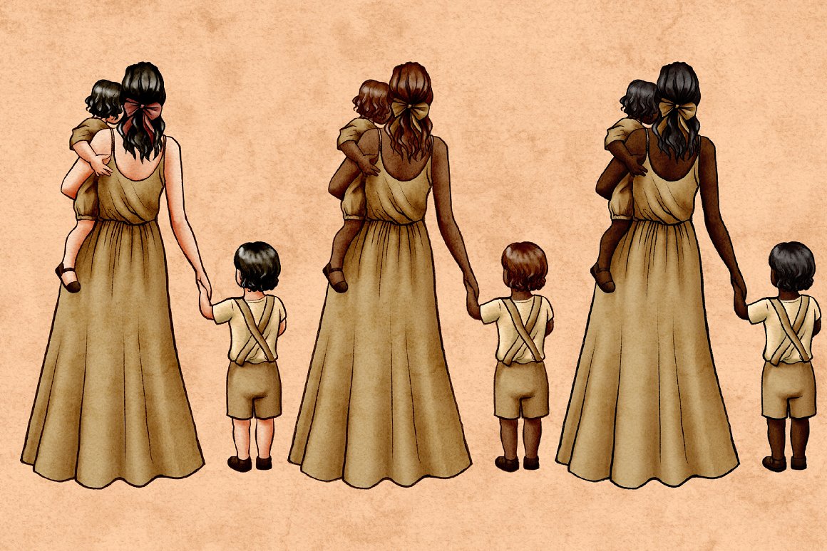 Different 3 illustrations of mom and children in beige clothes.