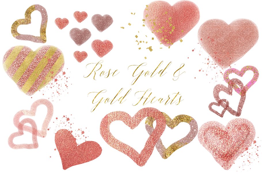 Beautiful rose & gold hearts on light background.