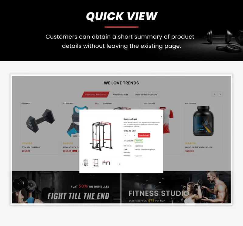 White lettering "Quick view" on a black background and template shopify store in white, black and red in web version on a gray background.