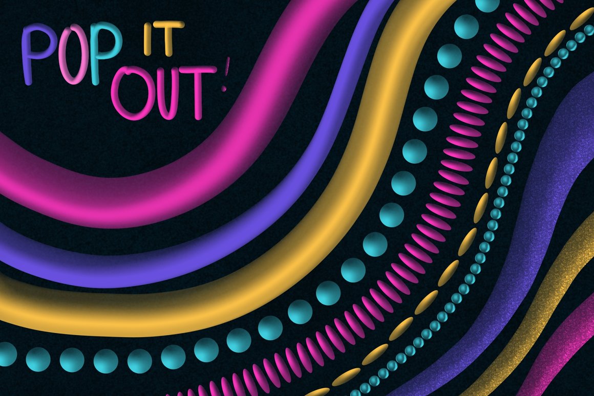 3D pink, yellow and blue lettering "Pop It Out" on a black 3D abstract background.