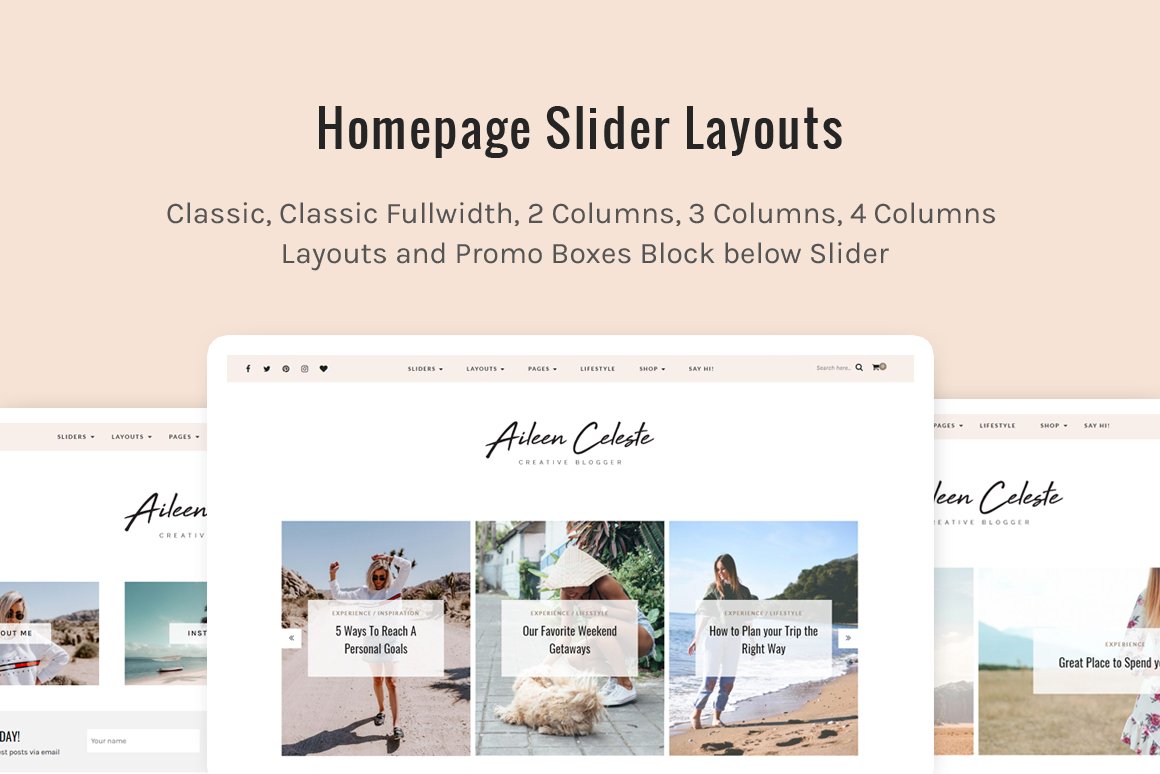 Homepage slider layouts on a pink background.