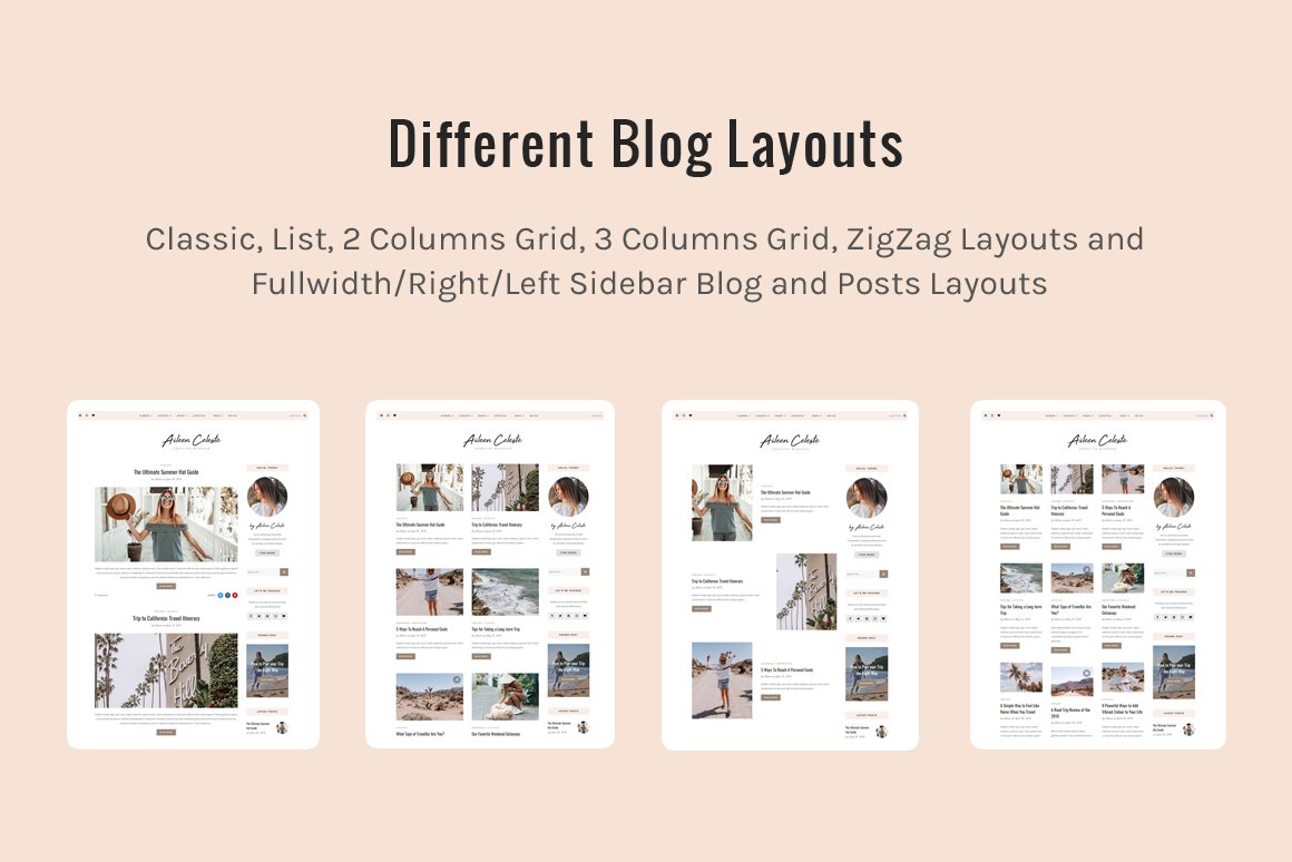 4 different blog layouts on a pink background.