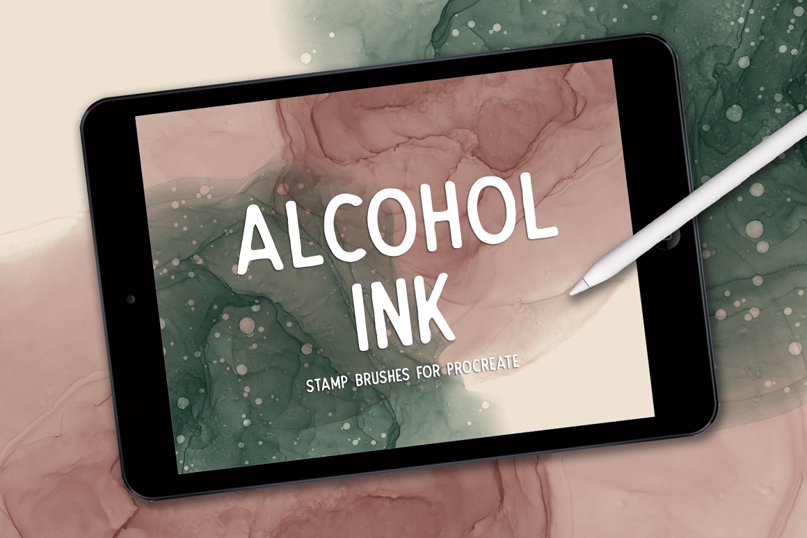 Ipad mockup with white lettering "Alcohol Ink" on a pink and green watercolor background.