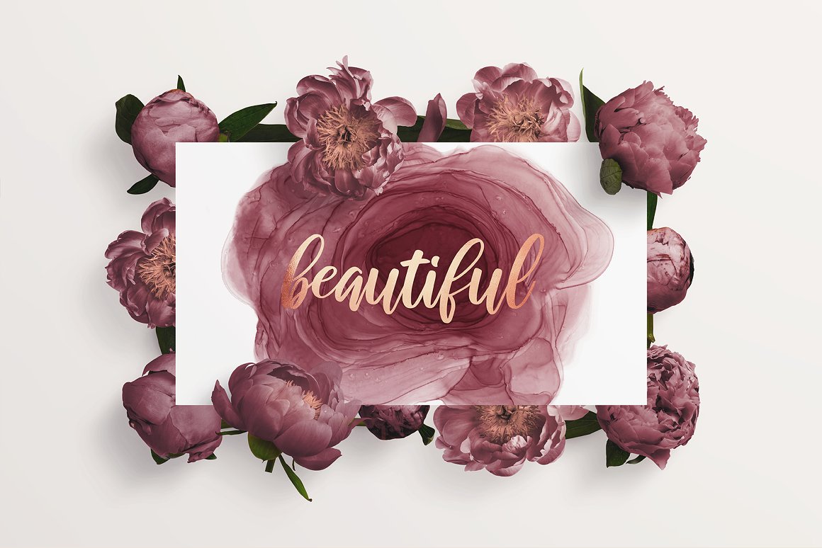 White card with golden lettering "beautiful" on a pink watercolor background with pink flowers.