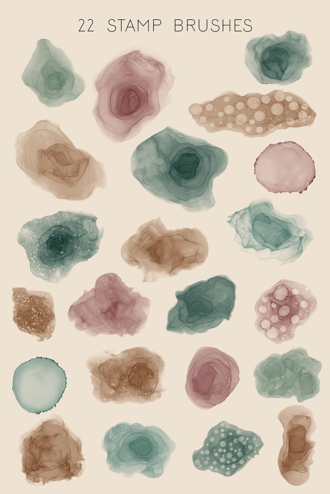 A set of 22 different pink, brown and green stamp brushes on a beige background.