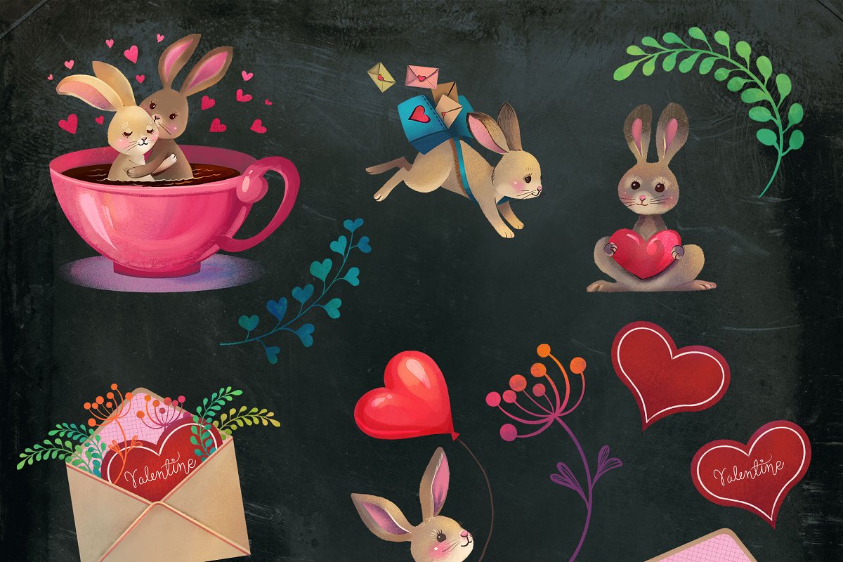 Cute valentines bunnies on the dark background.