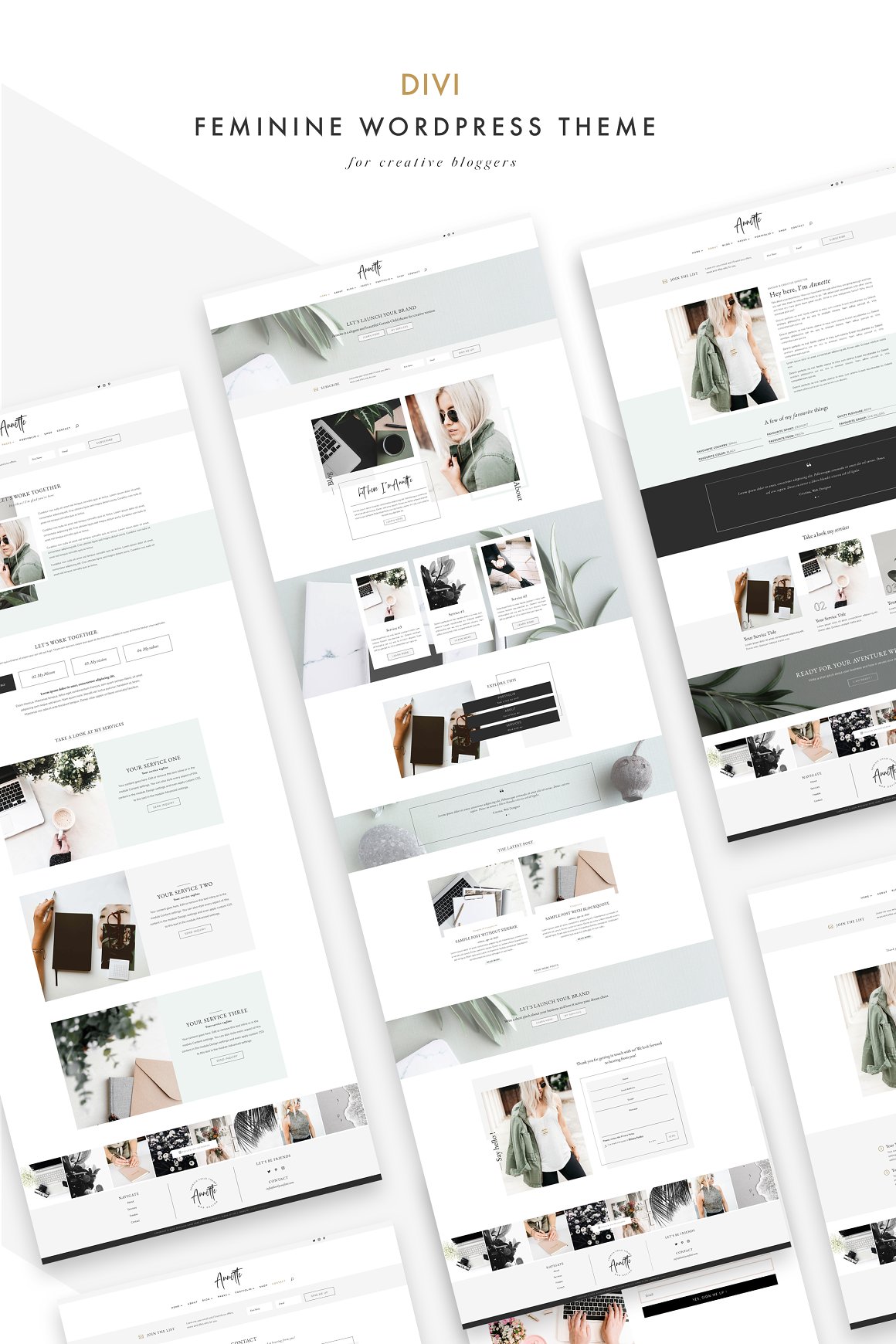 A lot of different divi feminine wordpress theme templates on a gray-white background.