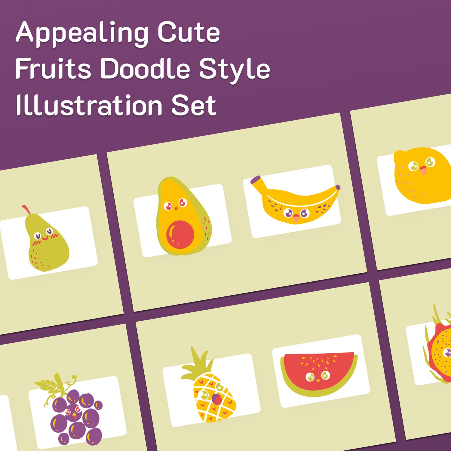Appealing Cute Fruits Doodle Style Illustration Set.