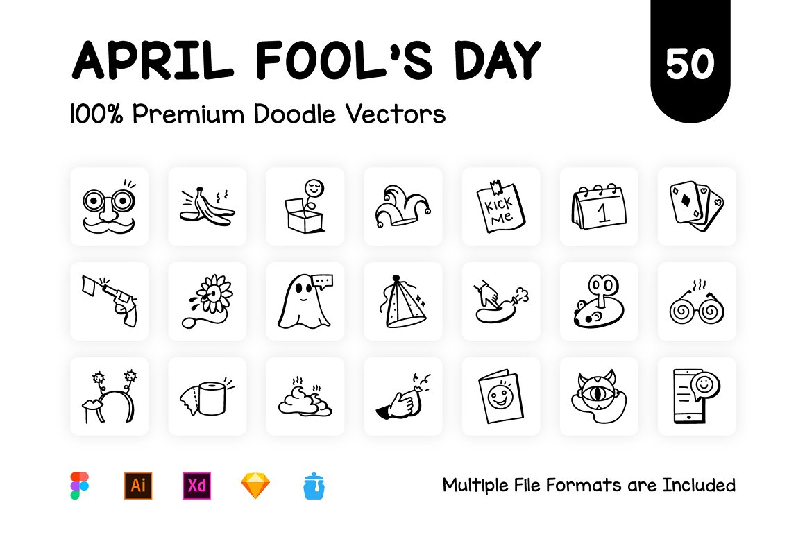 Black lettering "April Fool’s Day" and different black icons on a white background.