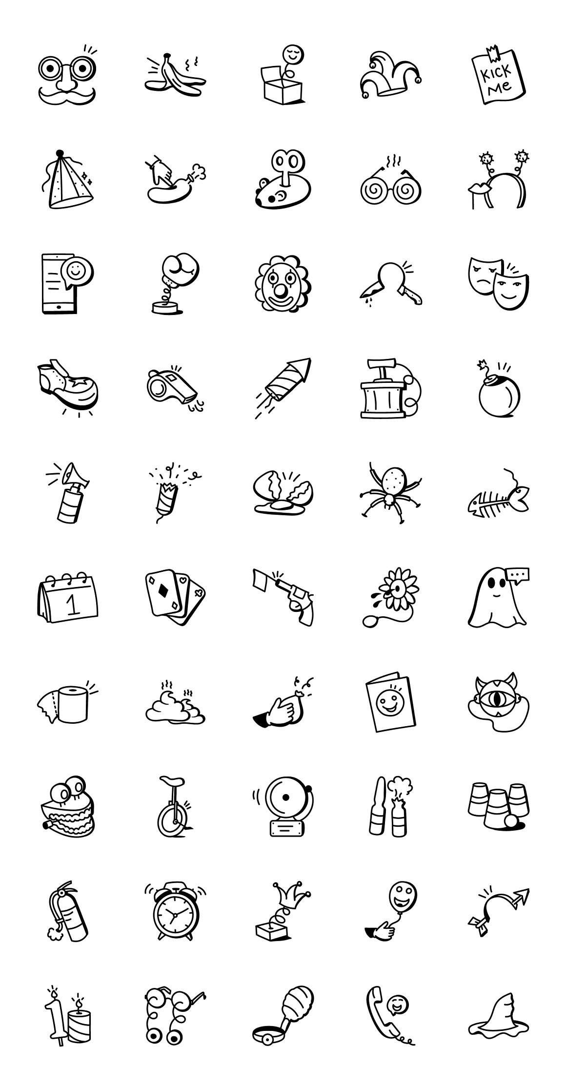 A set of 50 black april fools day icons on a white background.