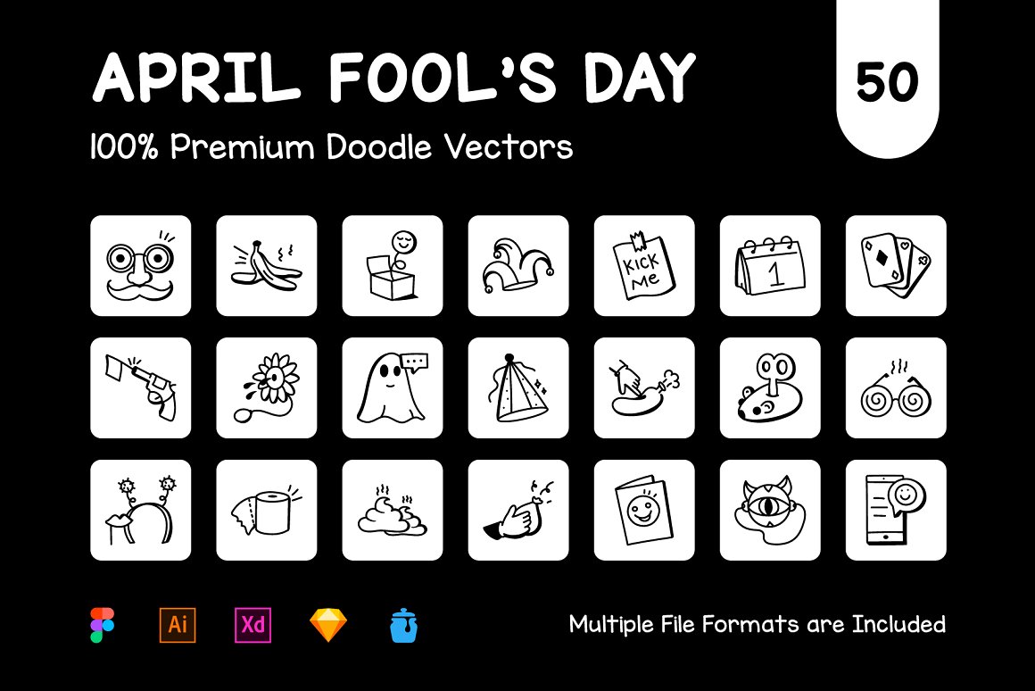 White lettering "April Fool’s Day" and different black-white icons on a black background.
