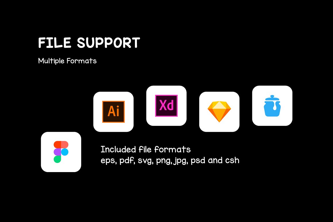 Icons of 5 different graphics editing and white lettering "File support" on a black background.
