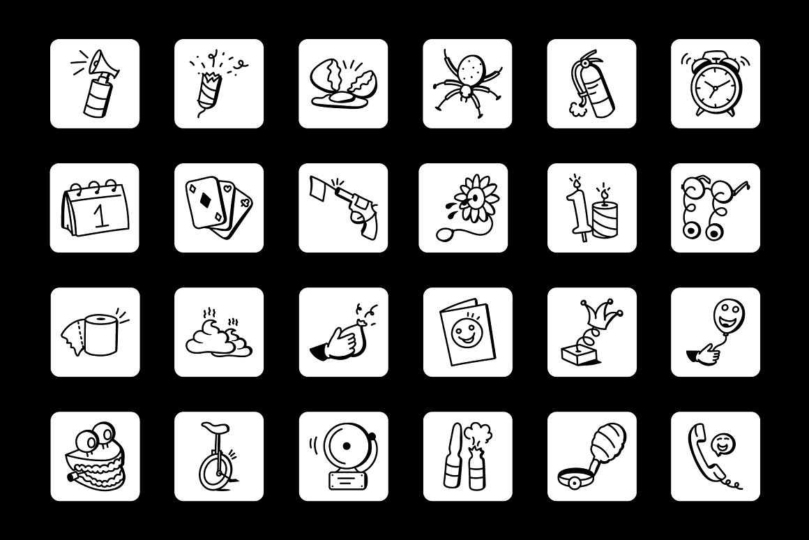 Collection of 24 different black-white april fools day icons on a black background.