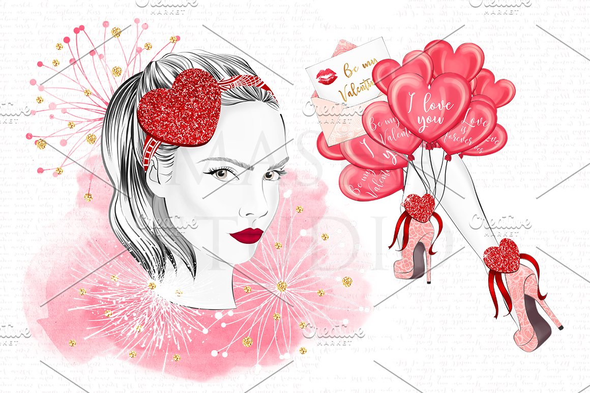 Illustrations of a girl and pink heels with pink balloons-hearts.