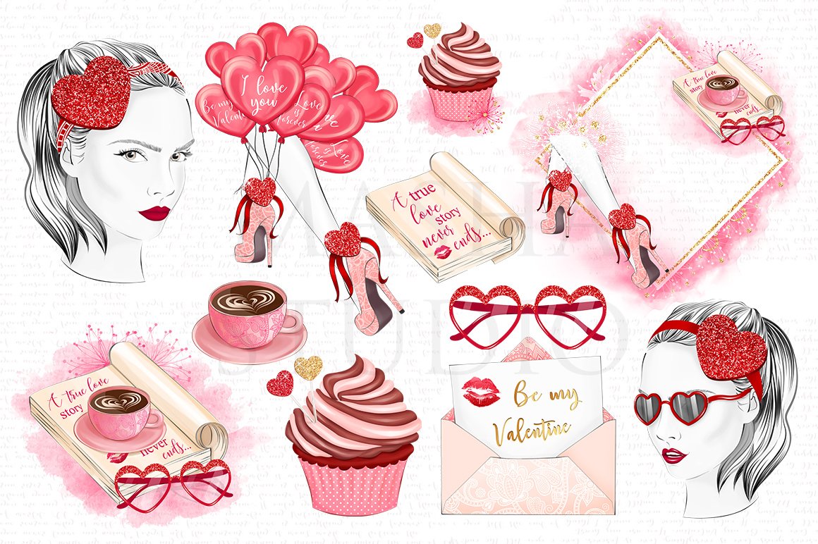 Valentine's Day clipart with different pink illustrations.