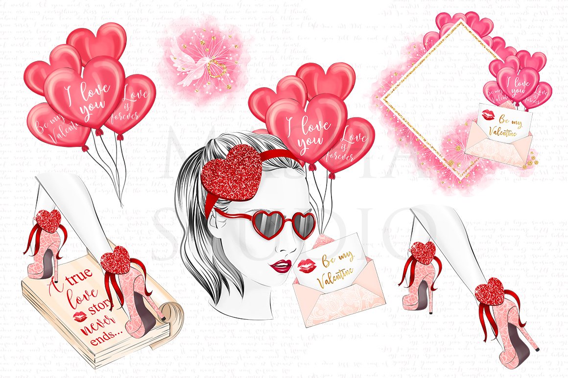 Pink set of different watercolor illustrations of Valentine's day.