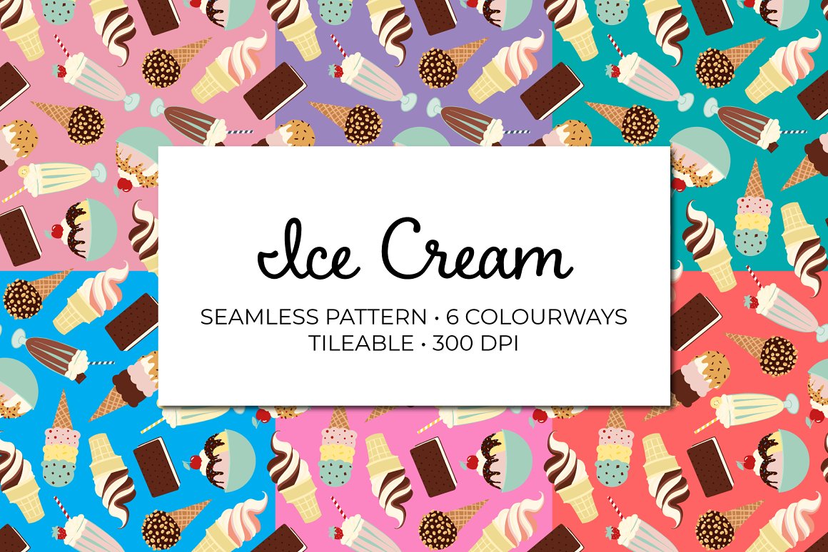 Black lettering "Ice Cream" on a white background and 6 different seamless patterns with ice cream.