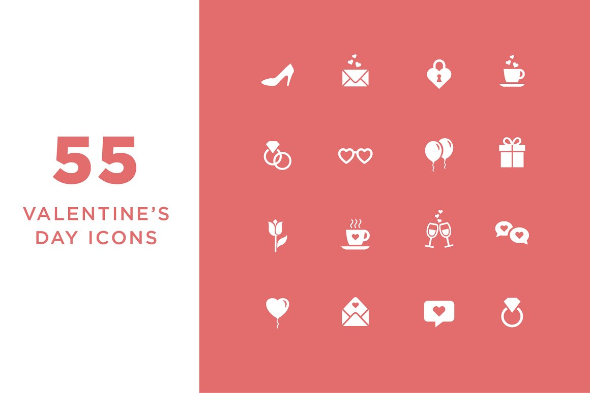 Pink lettering "55 Valentine's Day Icons" on a white background and a set of 16 white icons on a pink background.