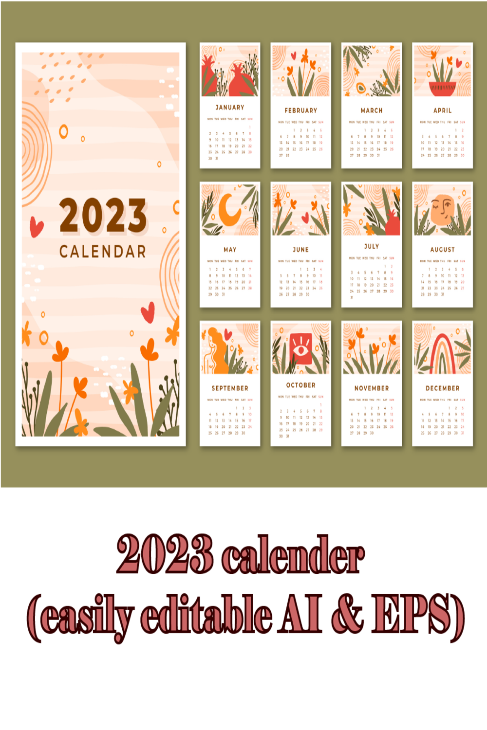 Floral Calendar Design Easily Editable pinterest image.