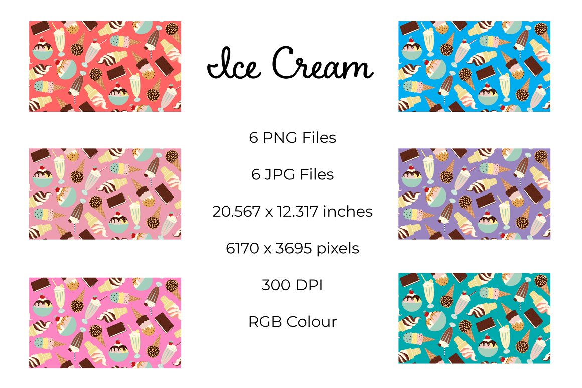 A set of 6 different seamless patterns with illustrations of ice cream - 2 pink, lavender, turquoise, red and blue, and black lettering "Ice Cream" on a white background.