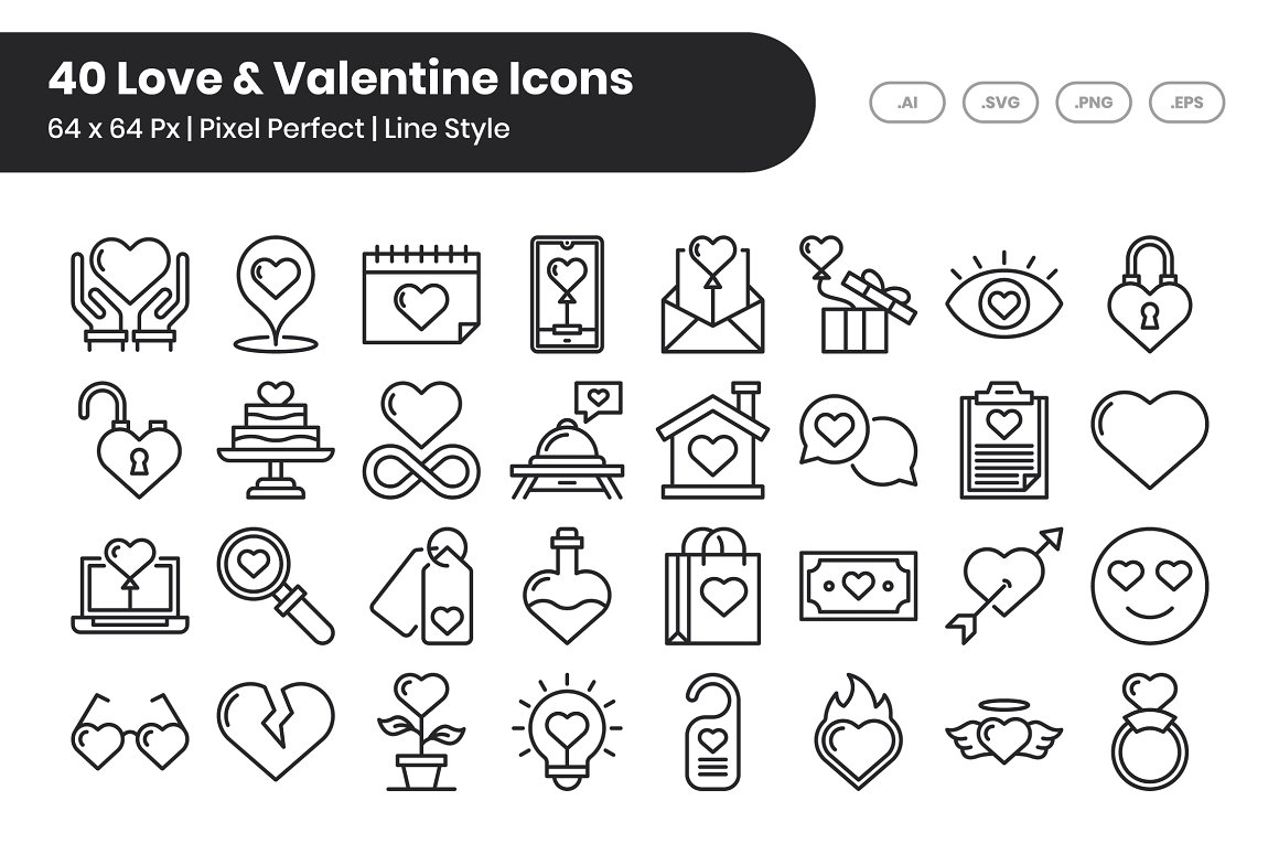 White lettering "40 Love & Valentine Icons" on a black background and 32 different black icons on a white background.