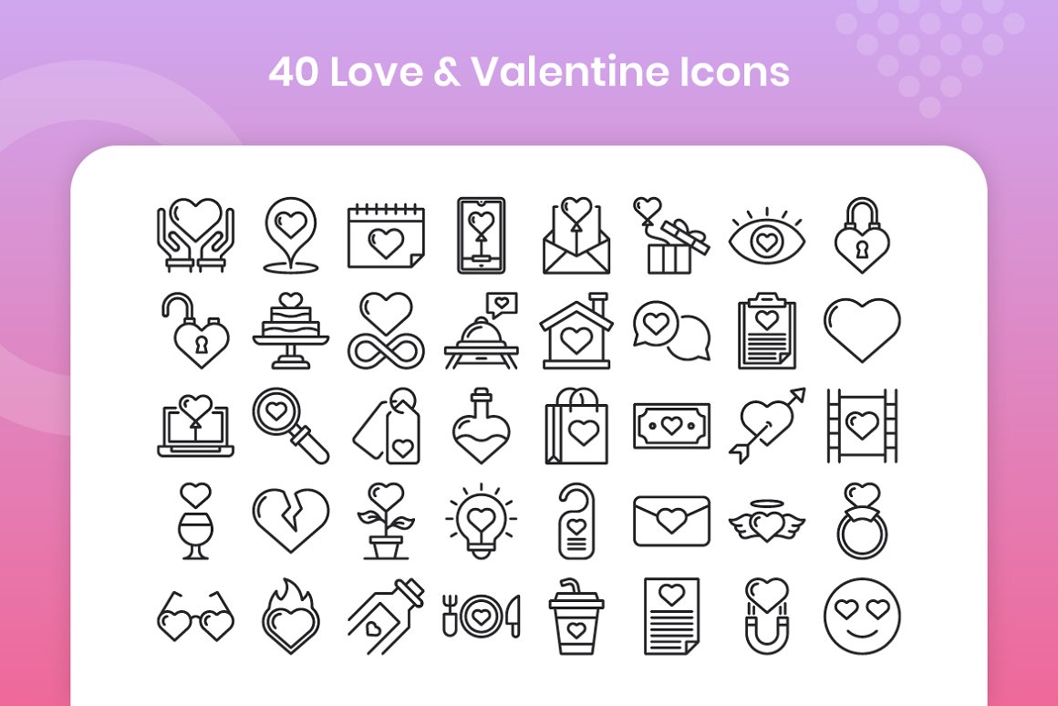 White lettering "40 Love & Valentine Icons" on a purple gradient background and 40 different black icons on a white background.