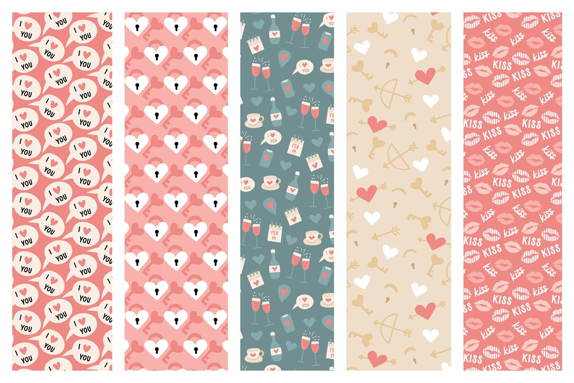 A set of 5 different seamless patterns in pink, turquoise and white on a white background.
