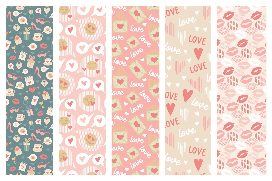 A set of 5 different seamless patterns in pink, turquoise and white on a white background.