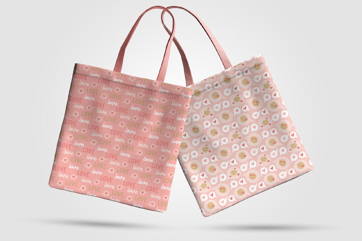 2 pink shopping bags with valentine's day theme print.