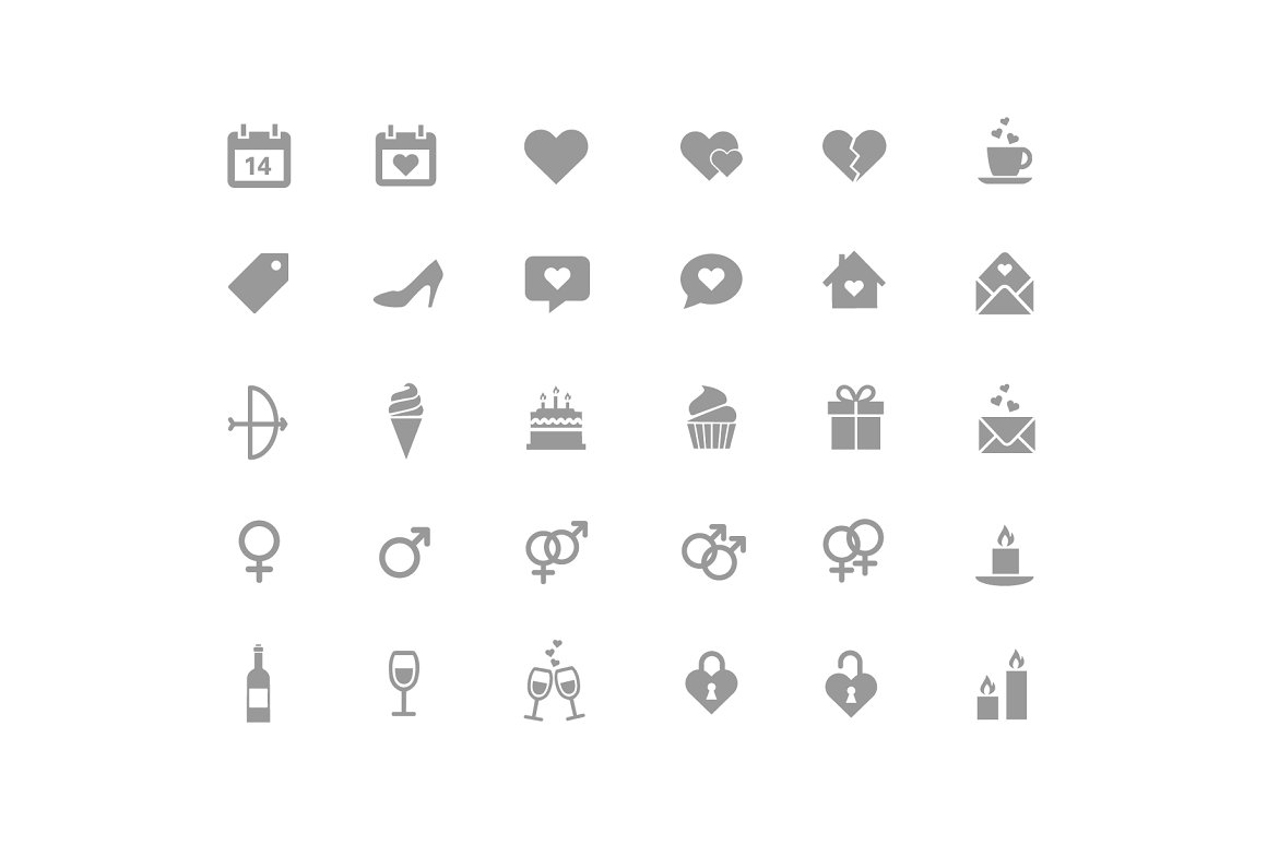 A set of 30 different gray Valentine's Day icons on a white background.