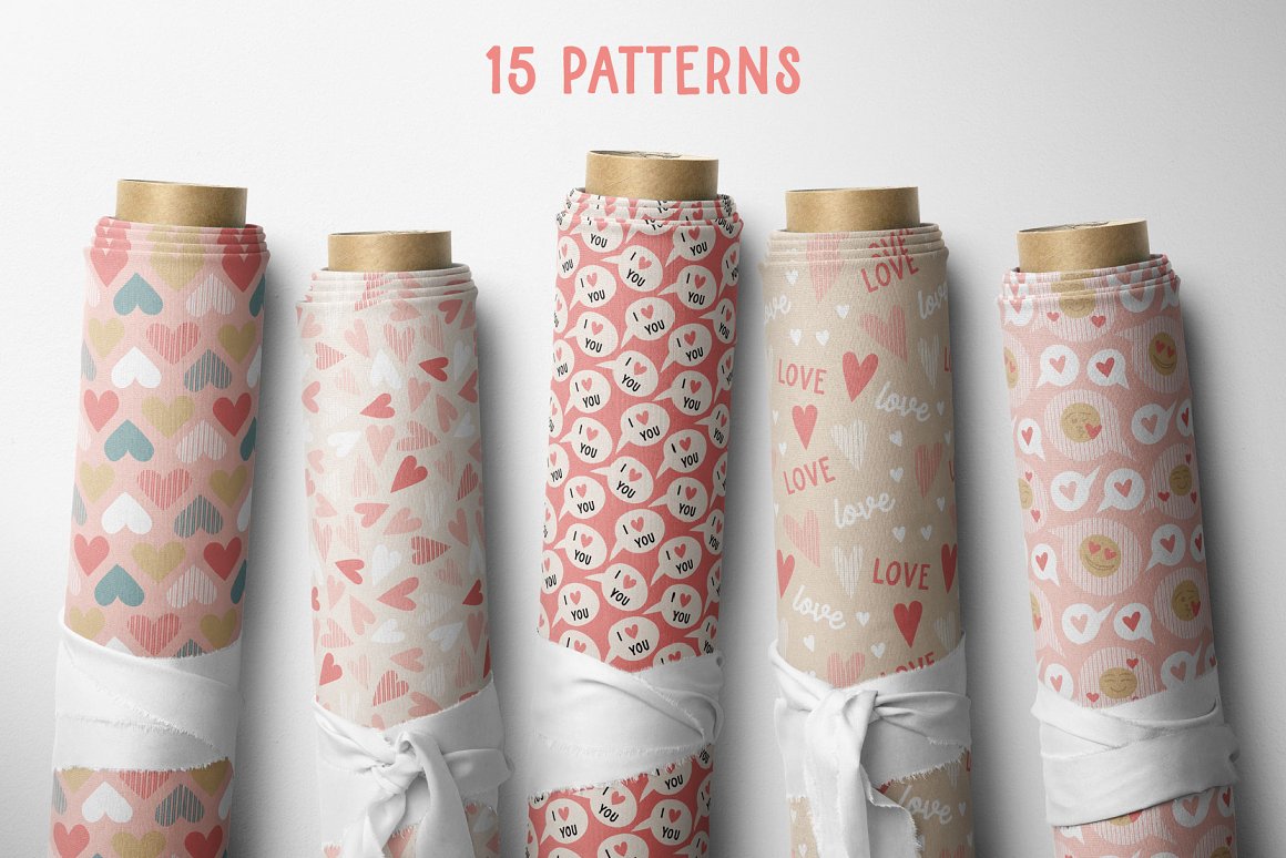 Pink lettering "15 Patterns" and 5 pink rolls of Valentine's Day printed patterns.