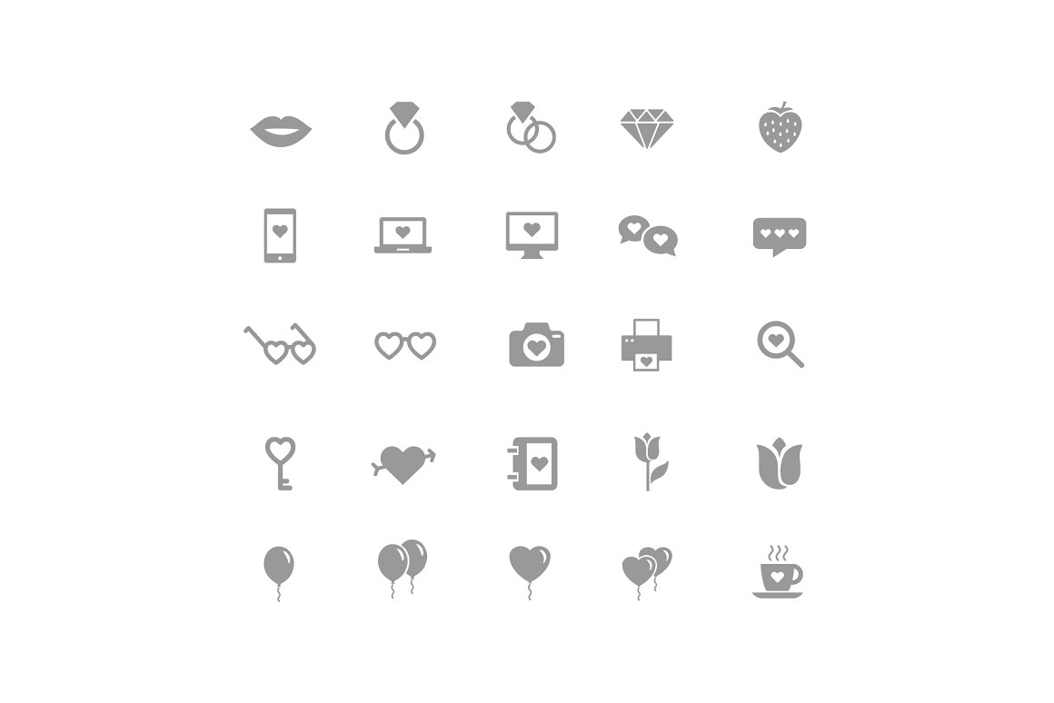 A set of 25 different gray Valentine's Day icons on a white background.