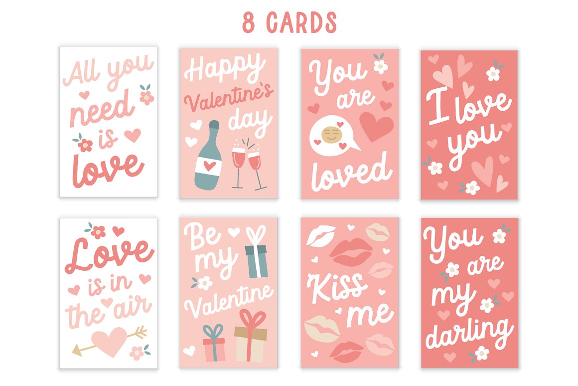 Pink lettering "8 cards" and 8 different pink and white Valentine's Day printed cards.