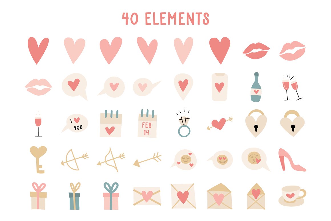 A set of 40 different elements for Valentine's day in pink and white on a white background.