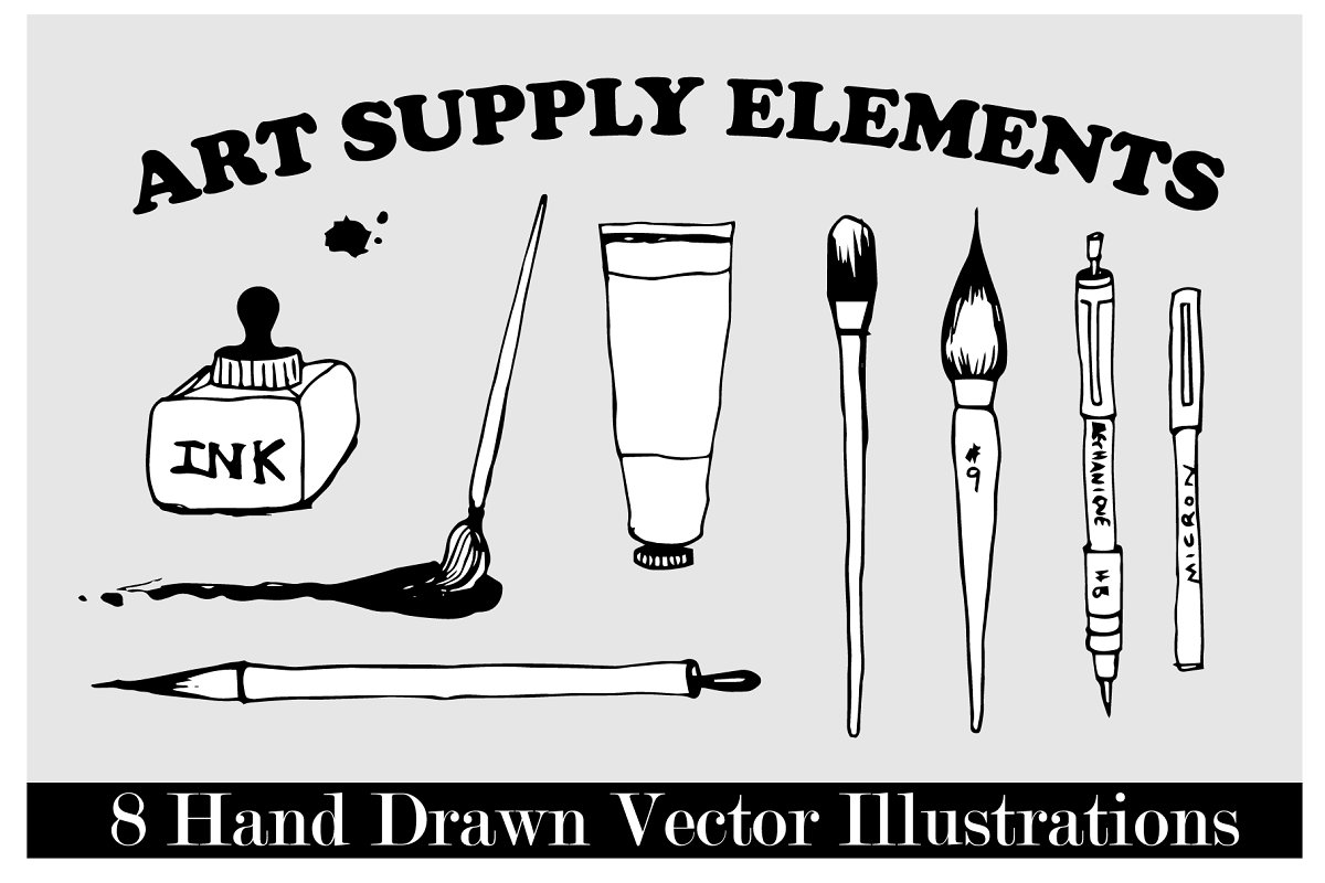Cover image of 8 Hand Drawn Art Supply Illustration.