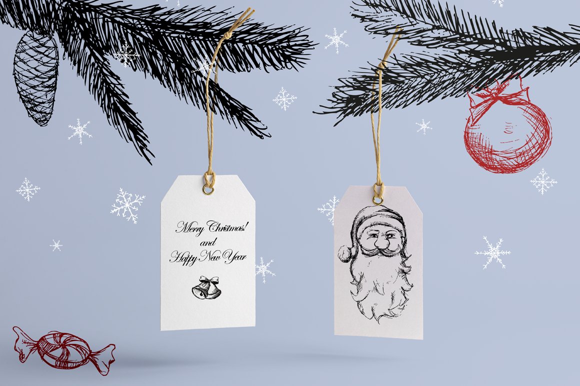 2 white labels with black image of a santa and black lettering "Merry Christmas and Happy New Year!" on a light blue background.