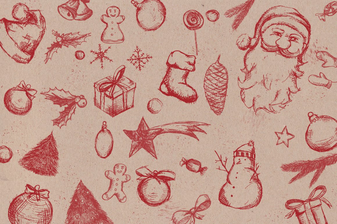 A red set of different christmas elements and characters on a beige background.