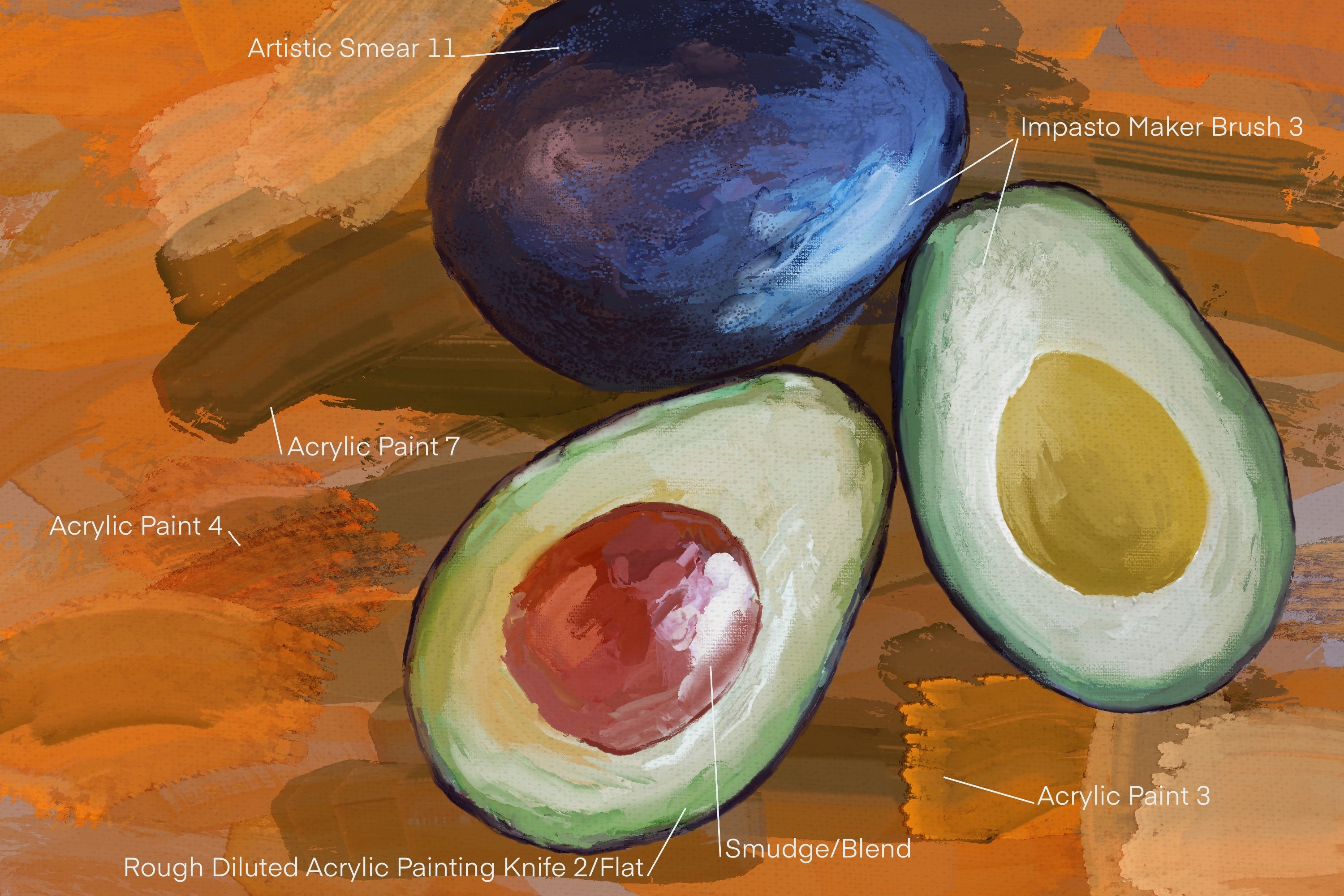 Colorful avocado painted with acrylic brush set.