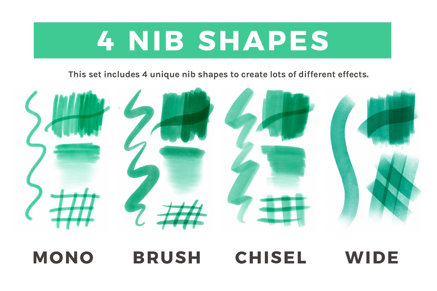 Some green brushes in the different shapes.