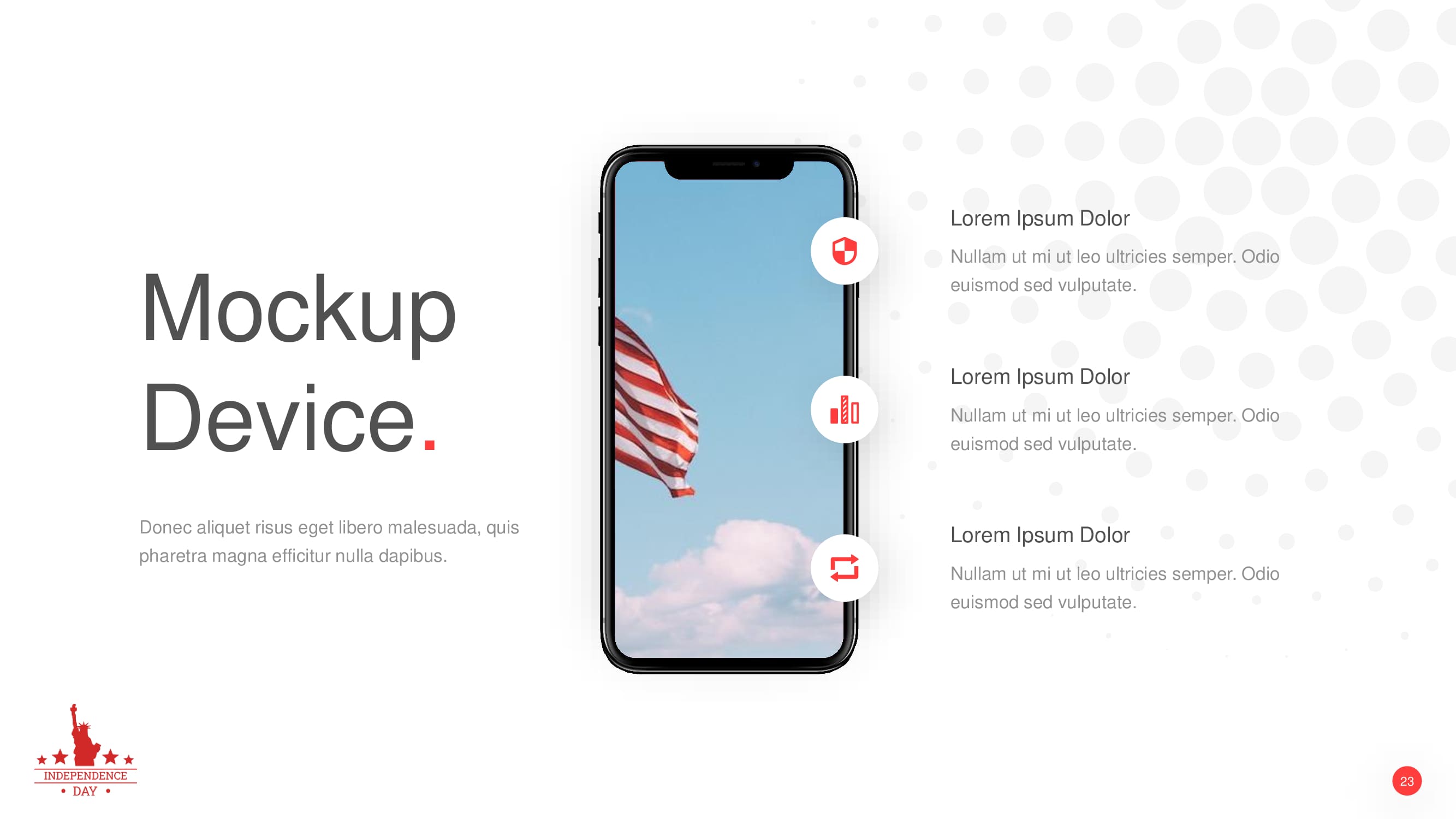 Mockup of iPhone with image of the USA flag and 3 items on a white slide.