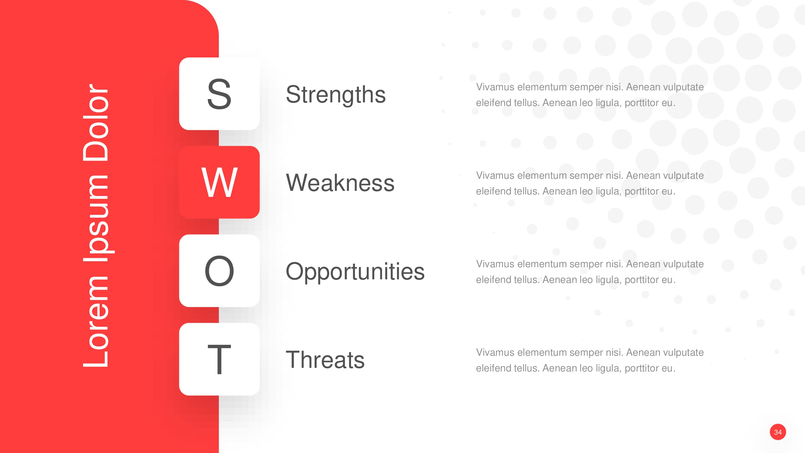 Minimalistic SWOT analysis slide in red and white colors.
