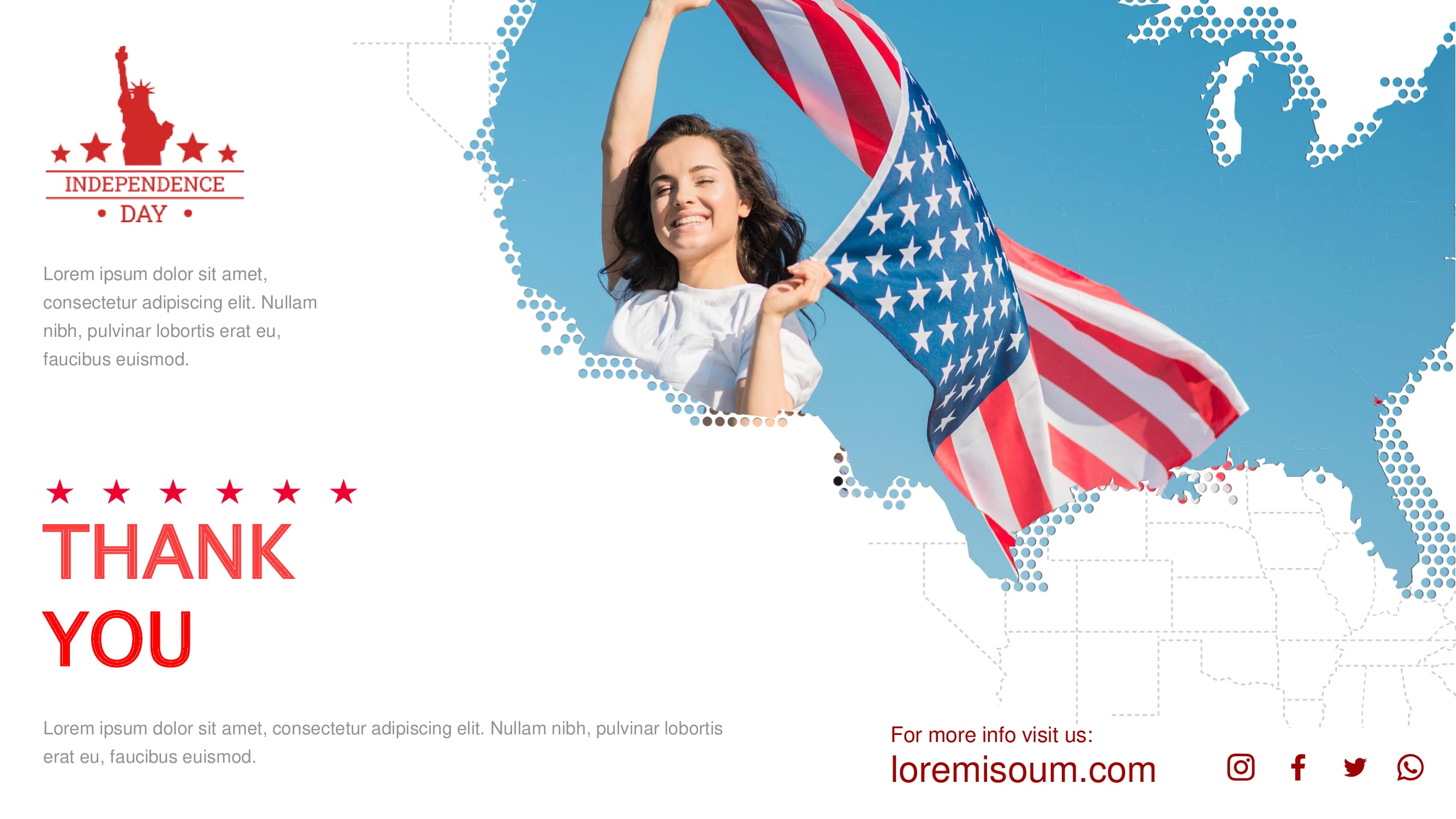 A slide with red lettering "Thank you" and image of a girl with USA flag.